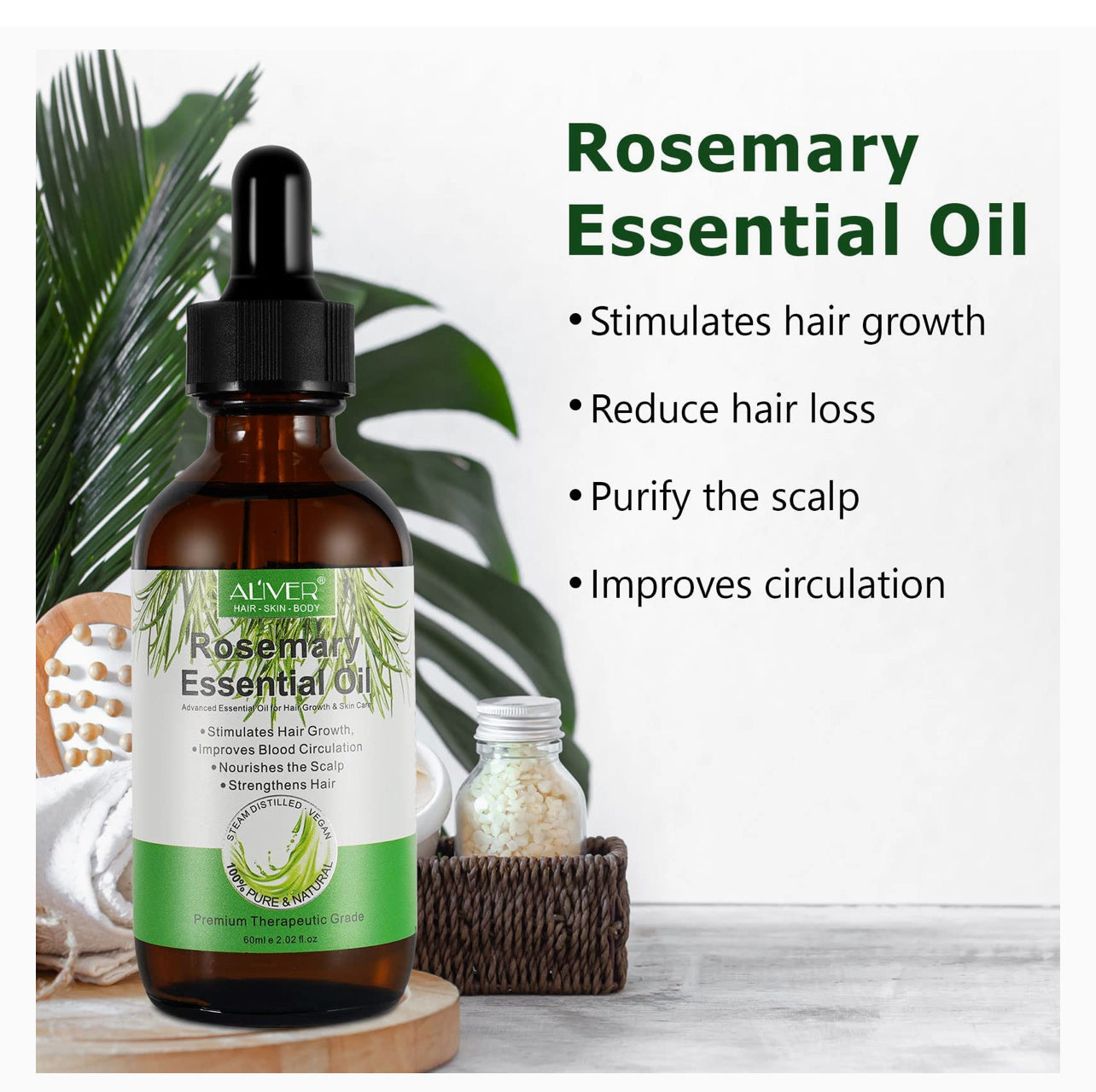 ALIVER Rosemary Oil for Hair Growth, Rosemary Essential Oil, Nourishes Scalp, Strengthens Hair and Stimulates Hair Growth - 2oZ