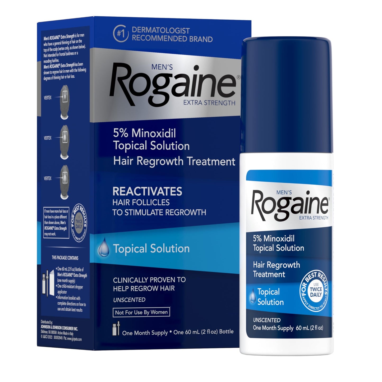 Men's Rogaine Extra Strength 5% Minoxidil Topical Solution for Thin Hair, Hair Loss Treatment to Regrow Fuller, Thicker Hair, 1 Month Supply, 1 Bottles