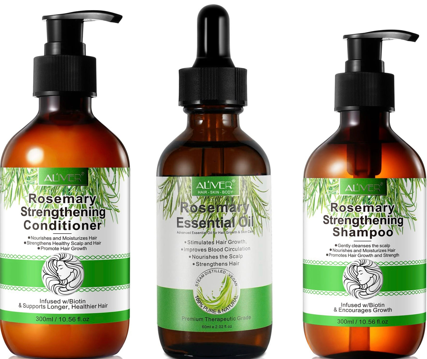 Explore the magic of Rosemary infused with biotin hair growth set featuring a shampoo, conditioner and oil 