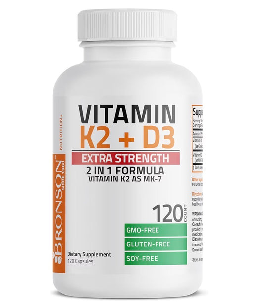Bronson Vitamin K2 + D3 Extra Strength 2 in 1 Formula 120 Capsules Dietary Supplement
